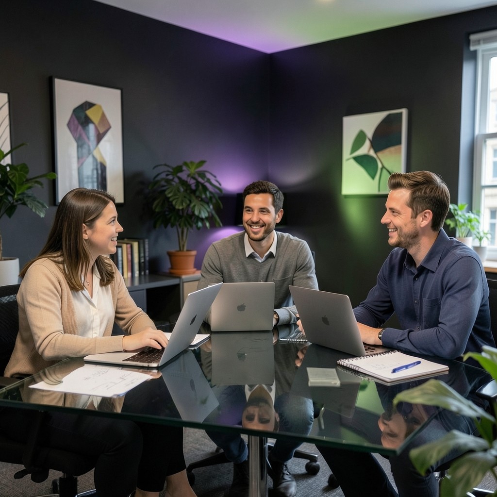 Team of educators collaborating on blockchain terminology resources in a modern office